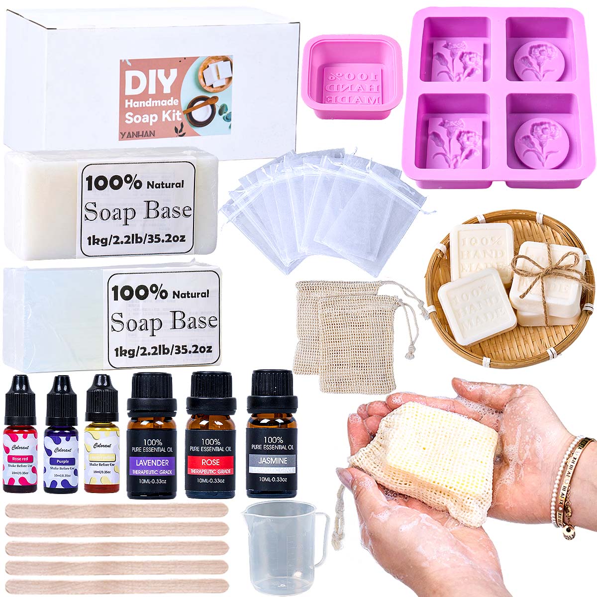 Soap Making Starter Kit - Zeepmaakset met siliconen mal, bubbelenet zakjes,